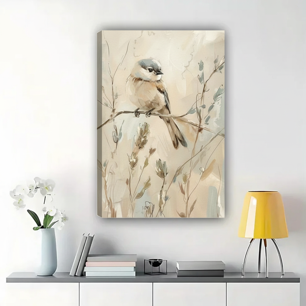 Chickadee on Winter Branch Wall Art – Soft Watercolor Bird Canvas Print on Natural Wood Frame | W2204