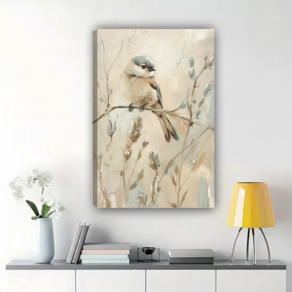 Chickadee on Winter Branch Wall Art – Soft Watercolor Bird Canvas Print on Natural Wood Frame | W2204