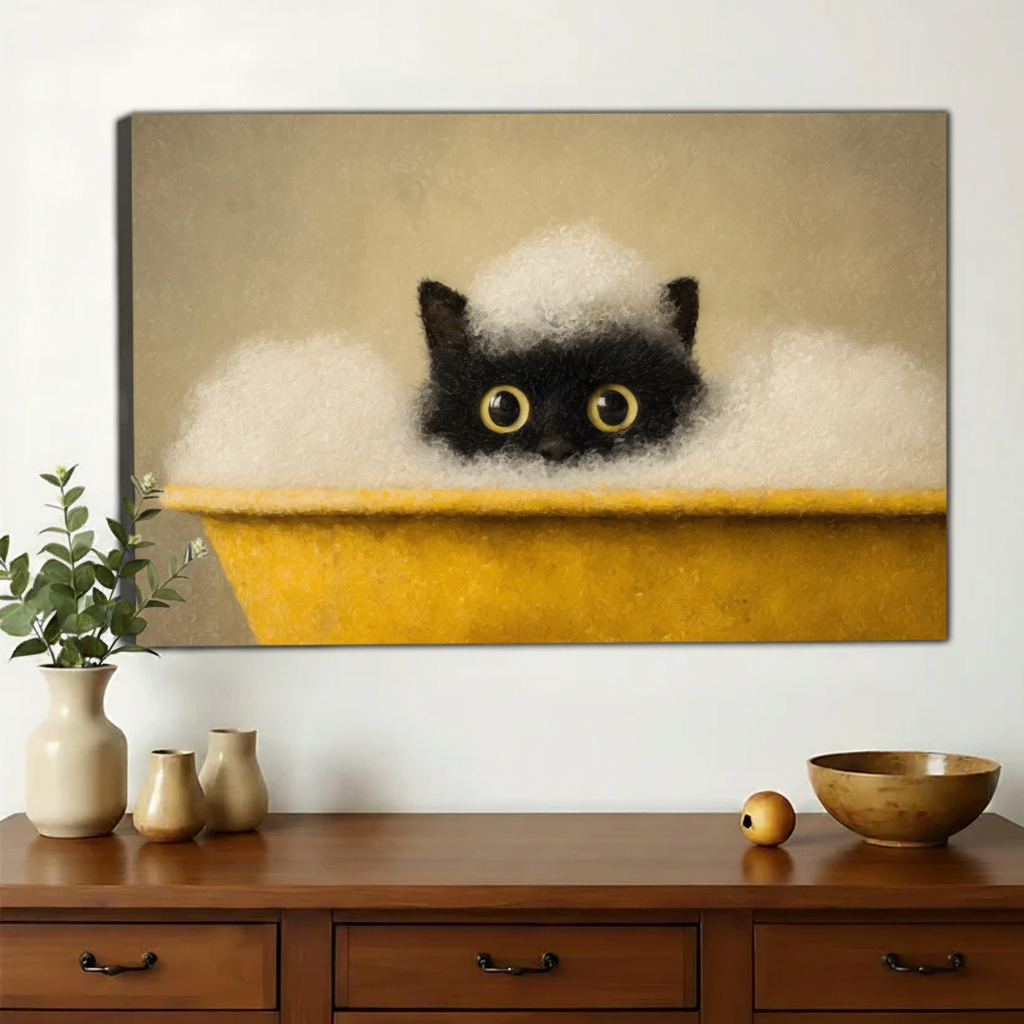 Black Cat in Yellow Bathtub Wall Art – Cute Bathing Cat Canvas Print on Natural Wood Frame | W2416