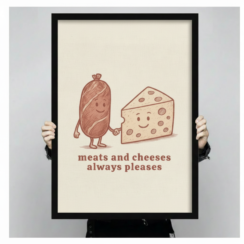 Retro food illustration stretched canvas print — Meats and Cheeses Always Pleases wall art for kitchen lover