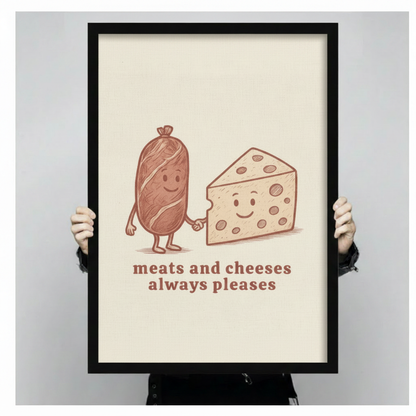 Retro food illustration stretched canvas print — Meats and Cheeses Always Pleases wall art for kitchen lover