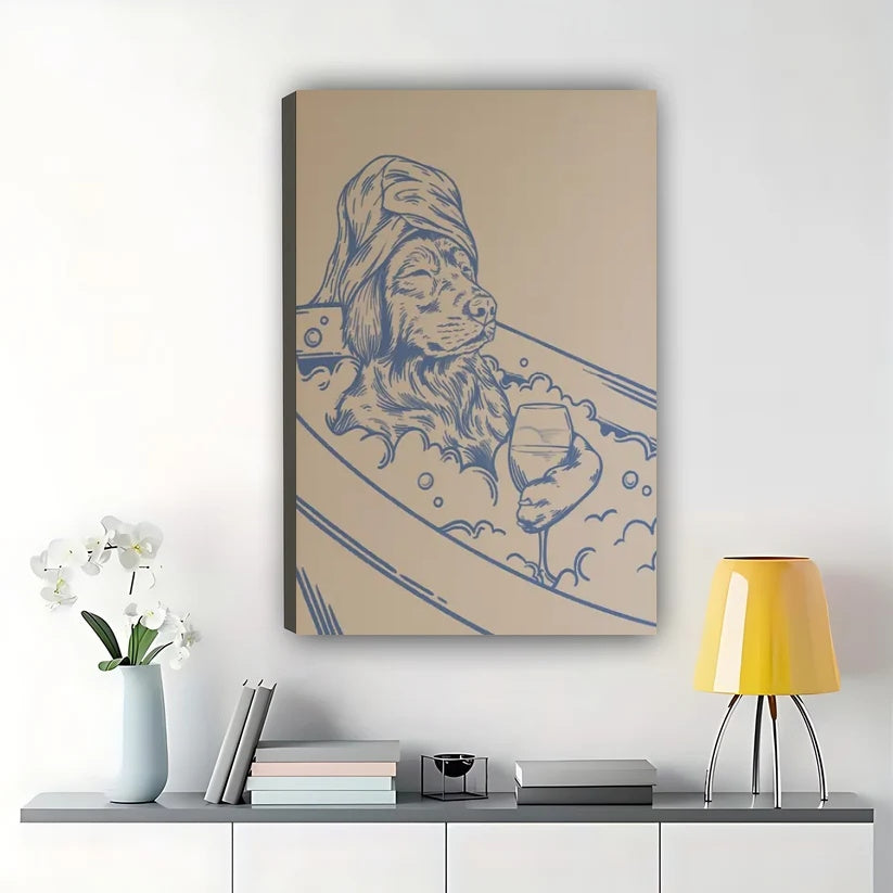 Dog in Bathtub – Vintage Sketch Bathroom Wall Art on Natural Wood Canvas | W855