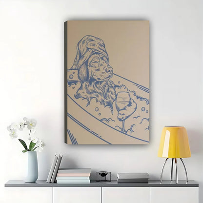 Dog in Bathtub – Vintage Sketch Bathroom Wall Art on Natural Wood Canvas | W855