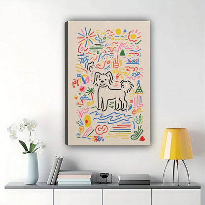 Colorful Doodle Dog Wall Art – Playful Abstract Dog Canvas Print on Black Wood Frame | W2429