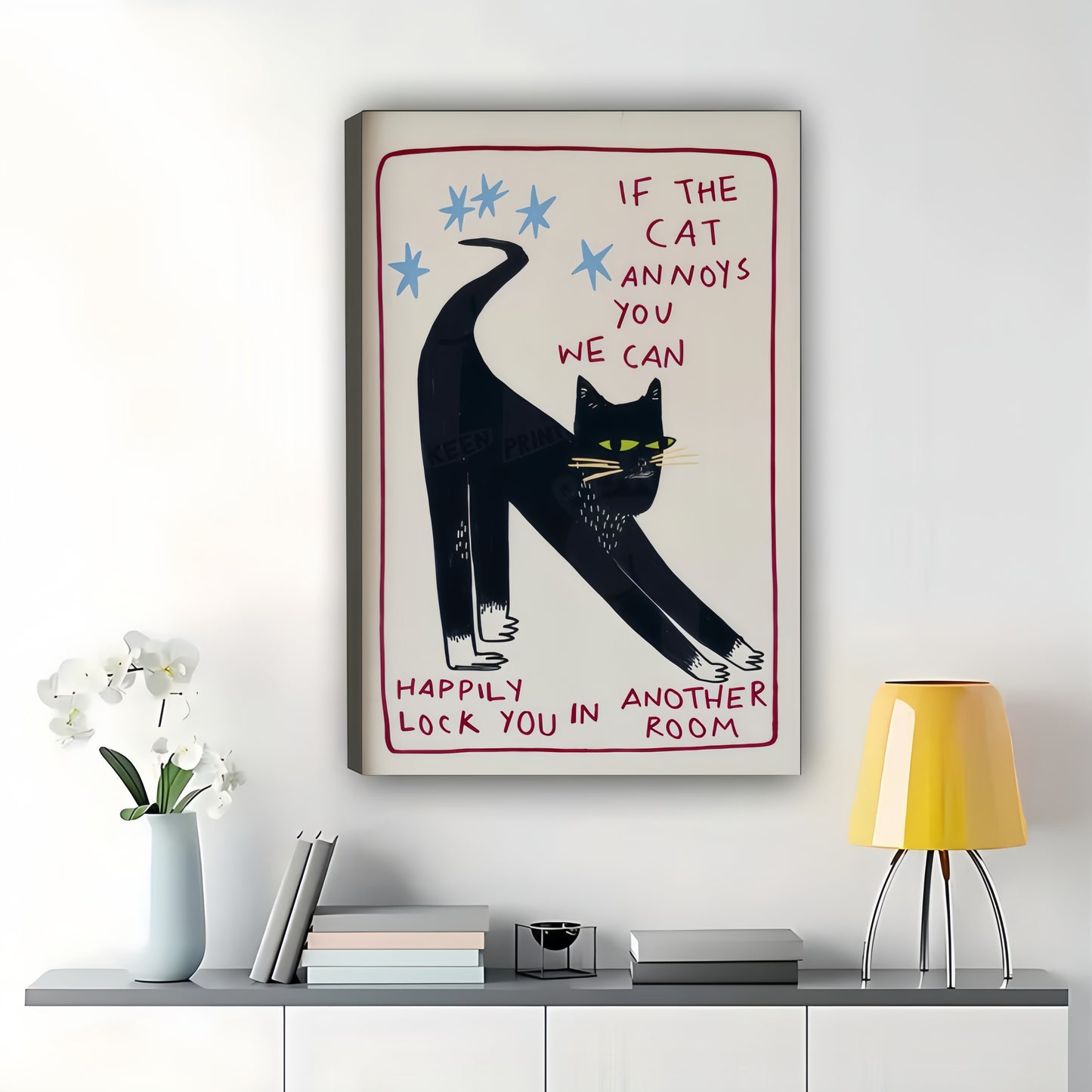 If The Cat Annoys You We Can Lock You In  Sassy Black Cat – Humorous Wall Art on Natural Wood Canvas | W963