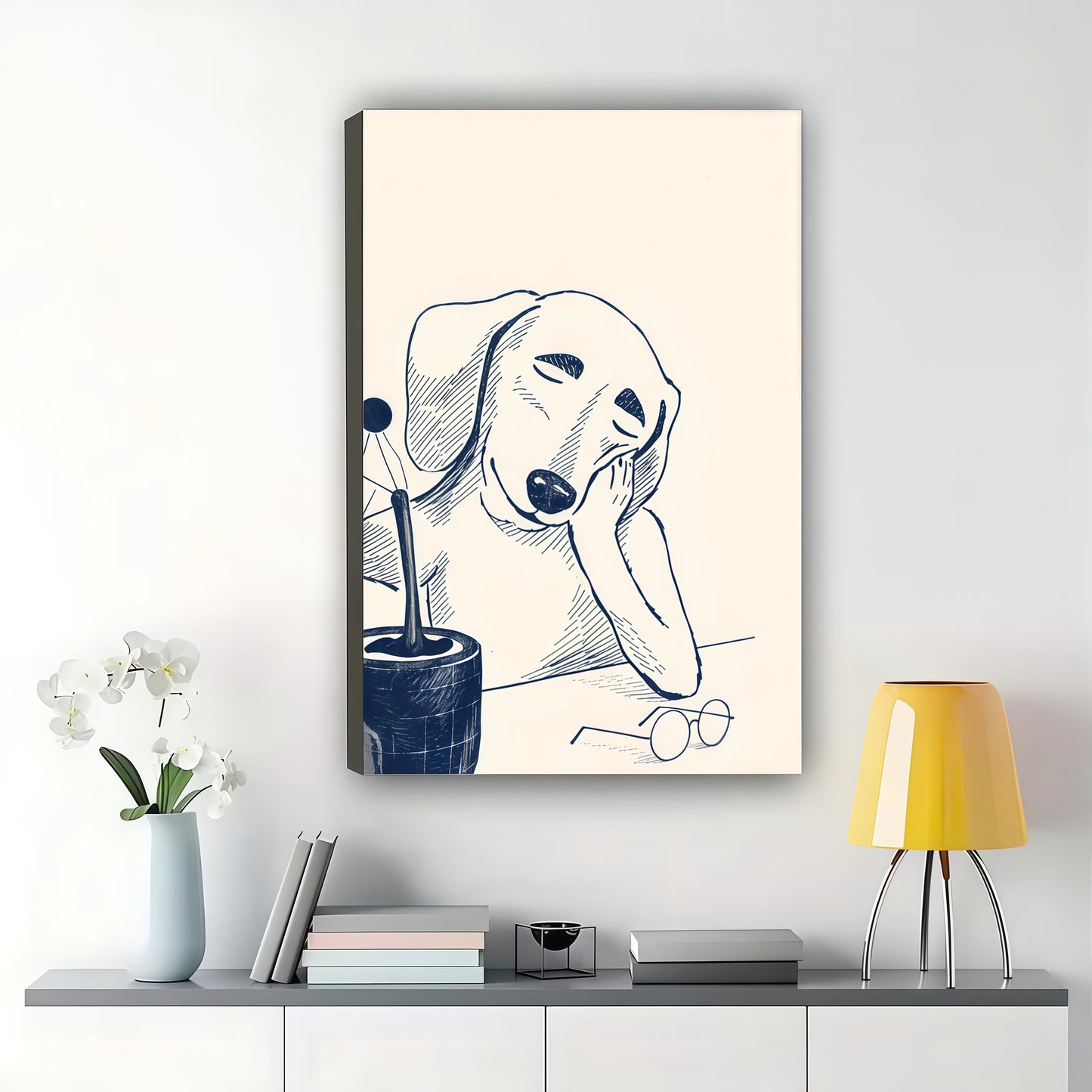 Minimalist Thinking Dog Line Art Wall Art – Cute Sleepy Puppy Sketch Canvas Print | W2306