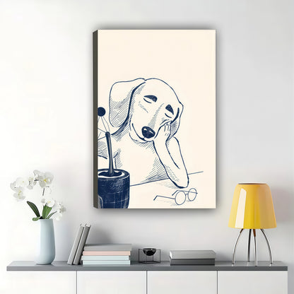 Minimalist Thinking Dog Line Art Wall Art – Cute Sleepy Puppy Sketch Canvas Print | W2306