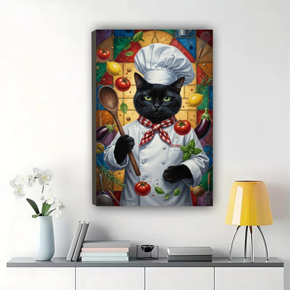 Chef Black Cat in Vintage Frame – Whimsical Culinary Pet Wall Art on Natural Wood Canvas | W715