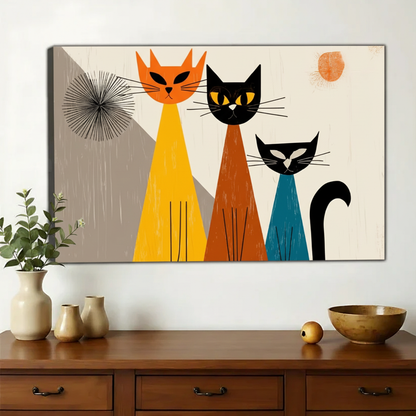 Three Cats Mid-Century Modern Wall Art – Retro Abstract Cat Canvas Print on Natural Wood Frame | W2154
