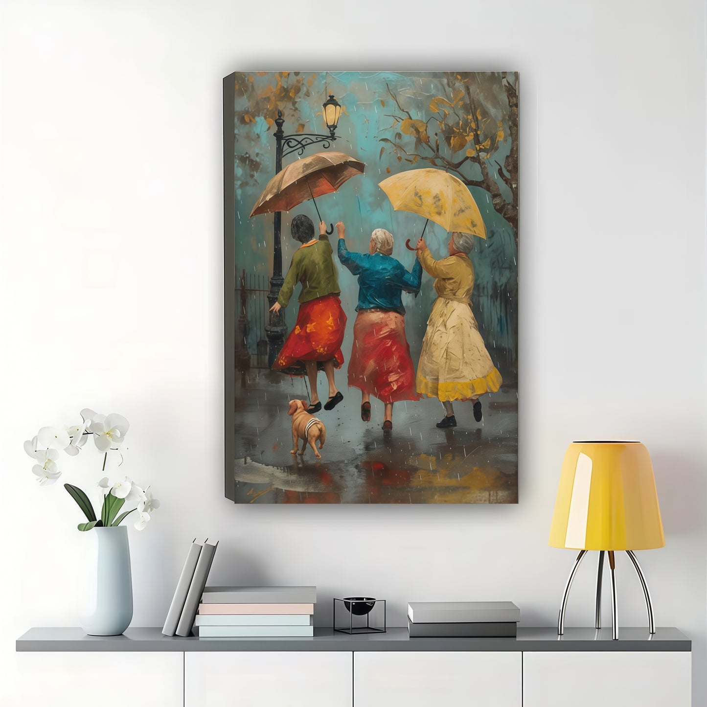 Three Women with Umbrellas Wall Art – Charming Friendship Canvas Print on Natural Wood Frame | W2404