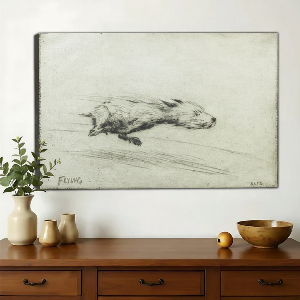 Flying Badger Vintage Sketch Wall Art – Antique Charcoal Study Canvas Print on Natural Wood Frame | W2185