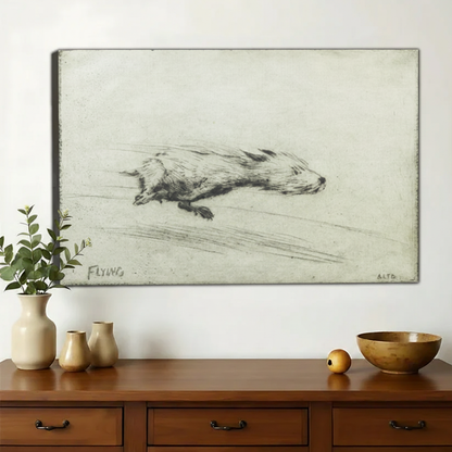 Flying Badger Vintage Sketch Wall Art – Antique Charcoal Study Canvas Print on Natural Wood Frame | W2185