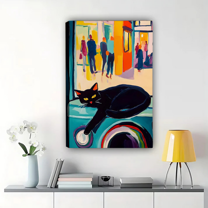 Black Cat on Windowsill Art Print - Urban Street Scene Wall Art|W1139