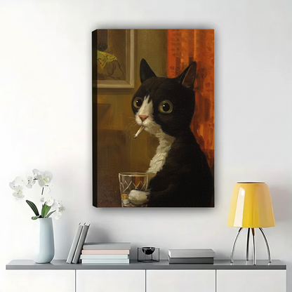 Tuxedo Cat with Cigarette & Whiskey Wall Art – Vintage Noir Canvas Print on Natural Wood Frame | W2125