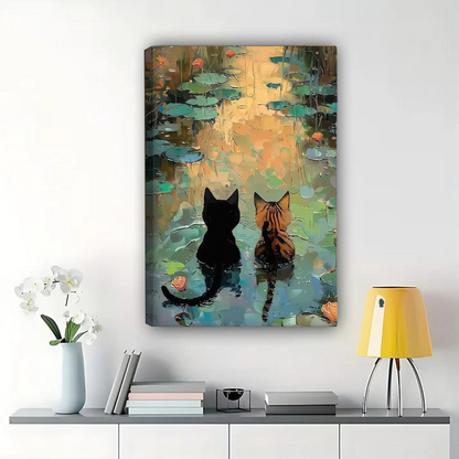 Two Cats by the Lotus Pond Canvas Art - Impressionist Water Lily Wall Decor |W1171