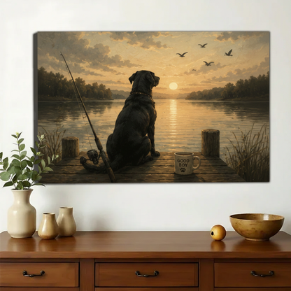 Black Labrador on the Fishing Dock Wall Art – Golden Hour Vintage Dog Canvas Print on Natural Wood Frame | W2285