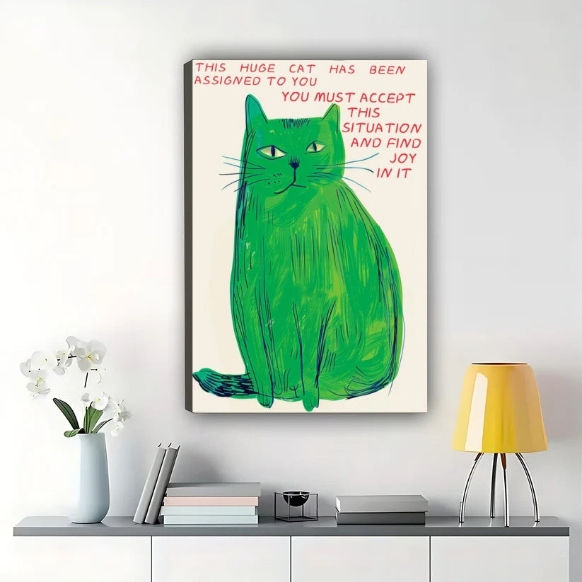 This Huge Cat Has Been Assigned to You Giant Green Cat – Uplifting Wall Art on Natural Wood Canvas | W867