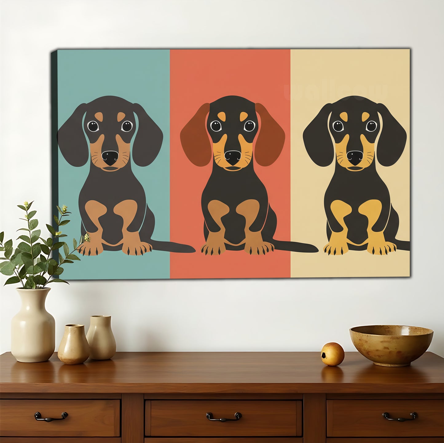 The Geometric Dachshund Trio – Modern Pet Wall Art on Natural Wood Canvas | W646