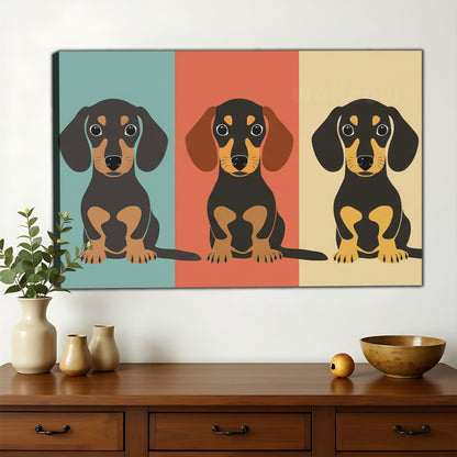 The Geometric Dachshund Trio – Modern Pet Wall Art on Natural Wood Canvas | W646