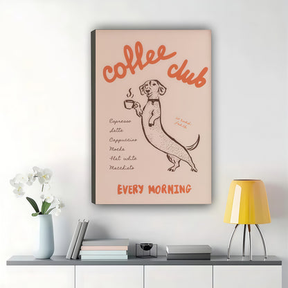 Coffee Club Dachshund – Retro Funny Dog Wall Art on Natural Wood Canvas | W2023