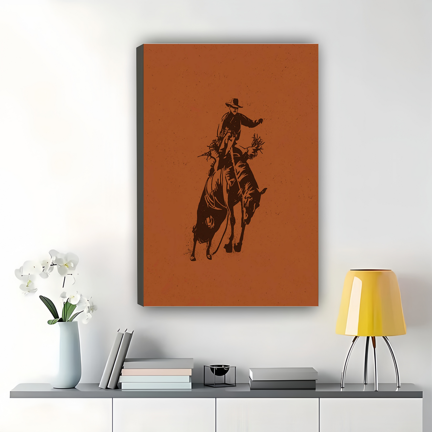 Rodeo Cowboy – Minimalist Western Silhouette Wall Art on Natural Wood Canvas | W995