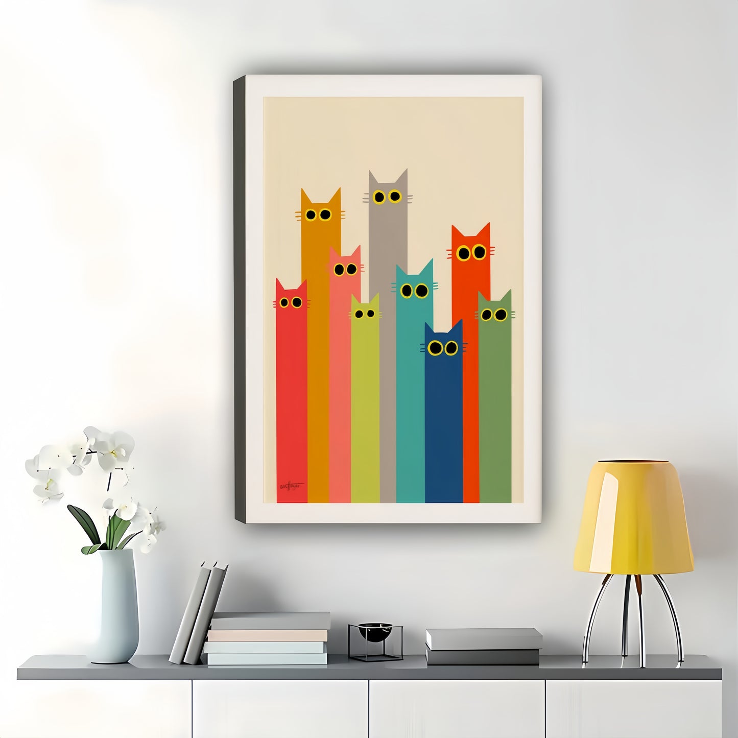 Rainbow Cat Stack – Colorful Mid-Century Modern Wall Art on Natural Wood Canvas | W891