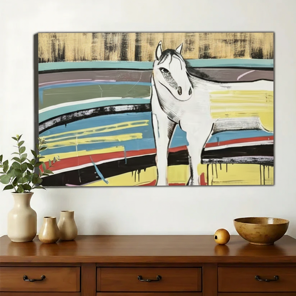 White Horse in Abstract Landscape Wall Art – Contemporary Mixed Media Canvas Print on Natural Wood Frame | W2158