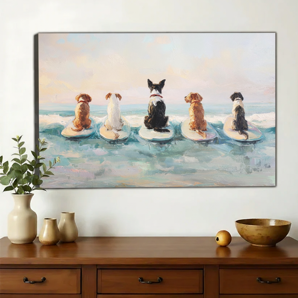 Five Dogs on Surfboards Wall Art – Coastal Oil Painting Canvas Print on Natural Wood Frame | W2137