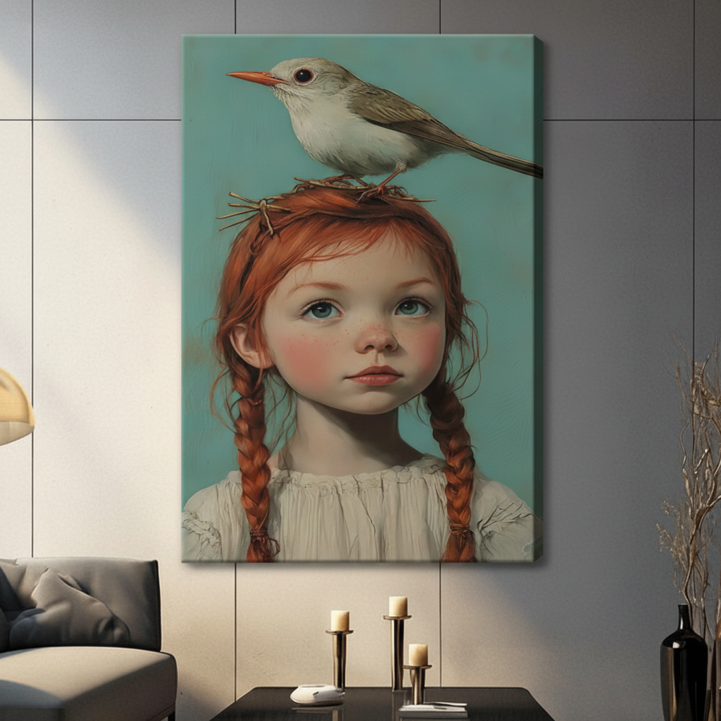 Red-haired girl and bird framed canvas print – fine art portrait wall decor for living room
