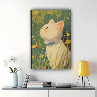 White Cat in Wildflowers Wall Art - Impressionist Canvas Print|W1130