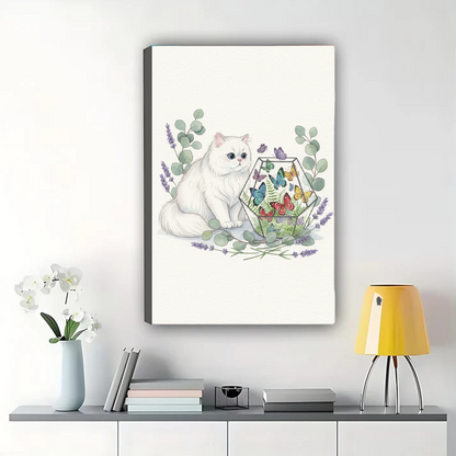 White Cat with Butterfly Terrarium Wall Art Canvas|W1100
