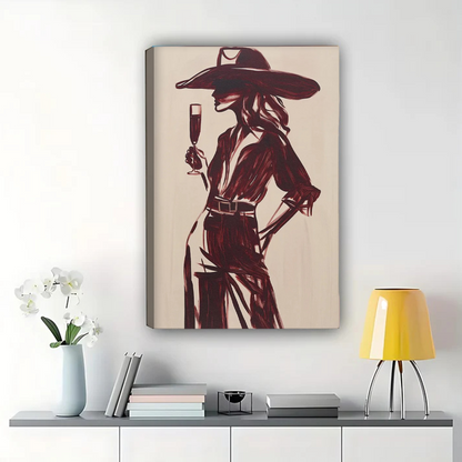 Elegant Woman with Champagne Wall Art - Burgundy Fashion Silhouette Print|W1324