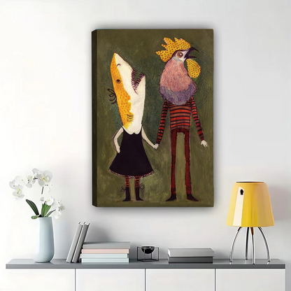 Fish and Rooster Couple Wall Art - Whimsical Surreal Print|W1251