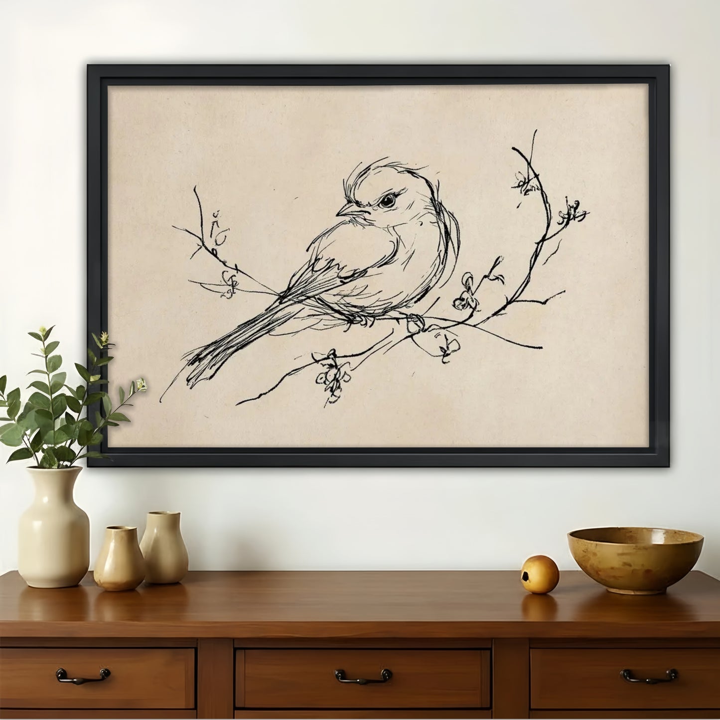 Bird on Branch Sketch Wall Art – Minimalist Nature Canvas| W1460