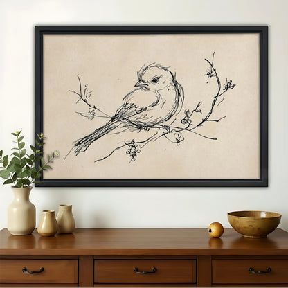 Bird on Branch Sketch Wall Art – Minimalist Nature Canvas| W1460