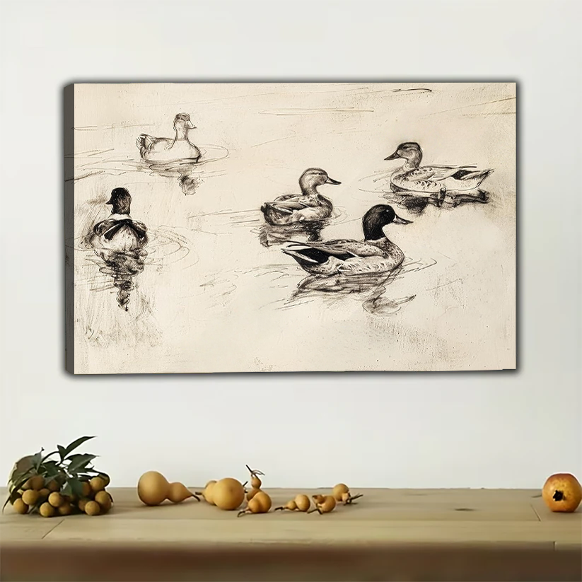 Vintage Ducks on Water Wall Art - Classic Sketch Print|W1233