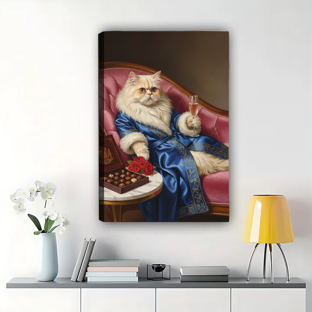 Luxury Persian Cat in Blue Robe Canvas Wall Art - Elegant Animal Portrait with Champagne|W1061