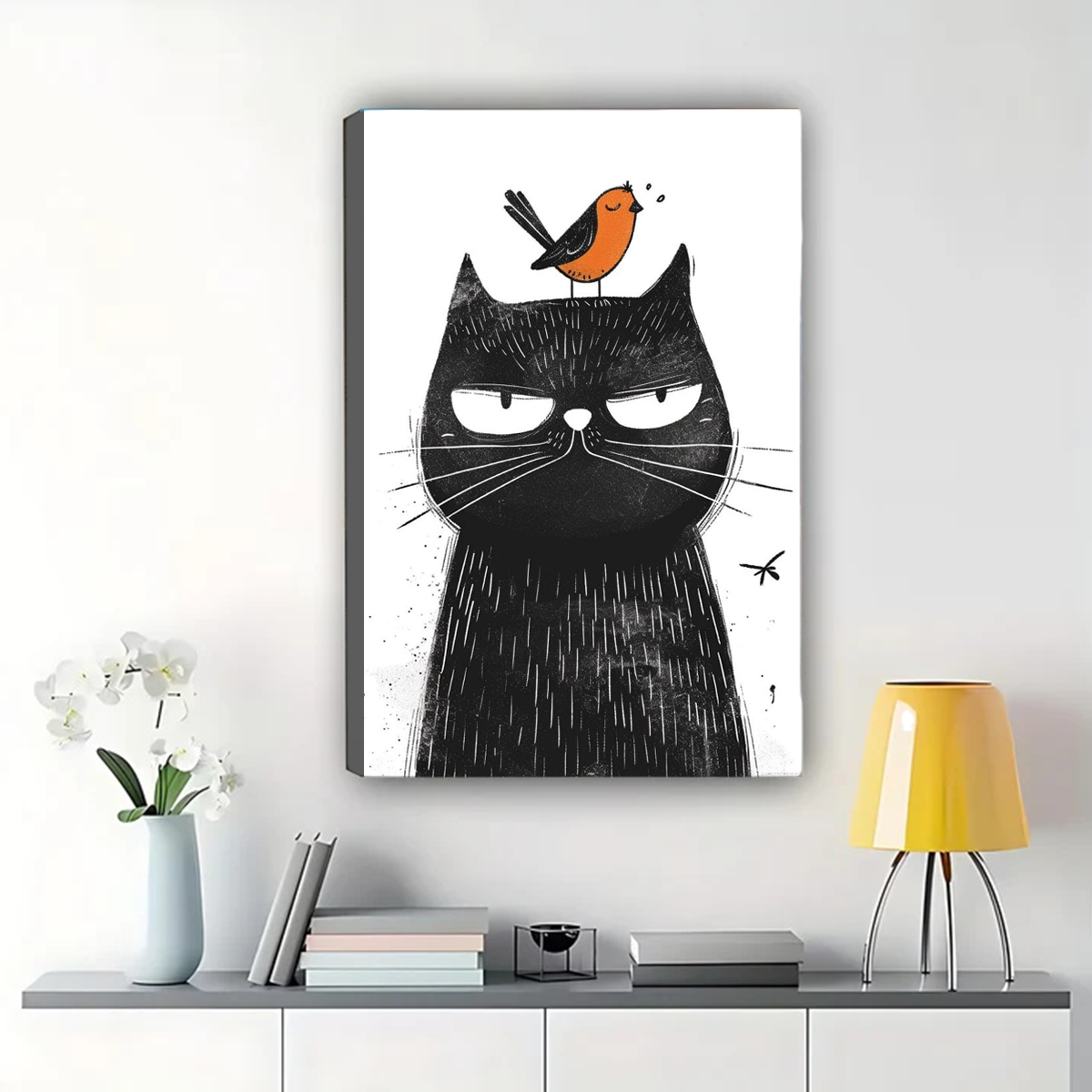 Grumpy Cat with Bird Wall Art - Funny Illustration Print|W1287