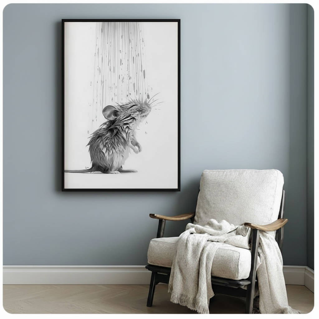 Wet Mouse Shower Pencil Sketch Canvas Art w6617