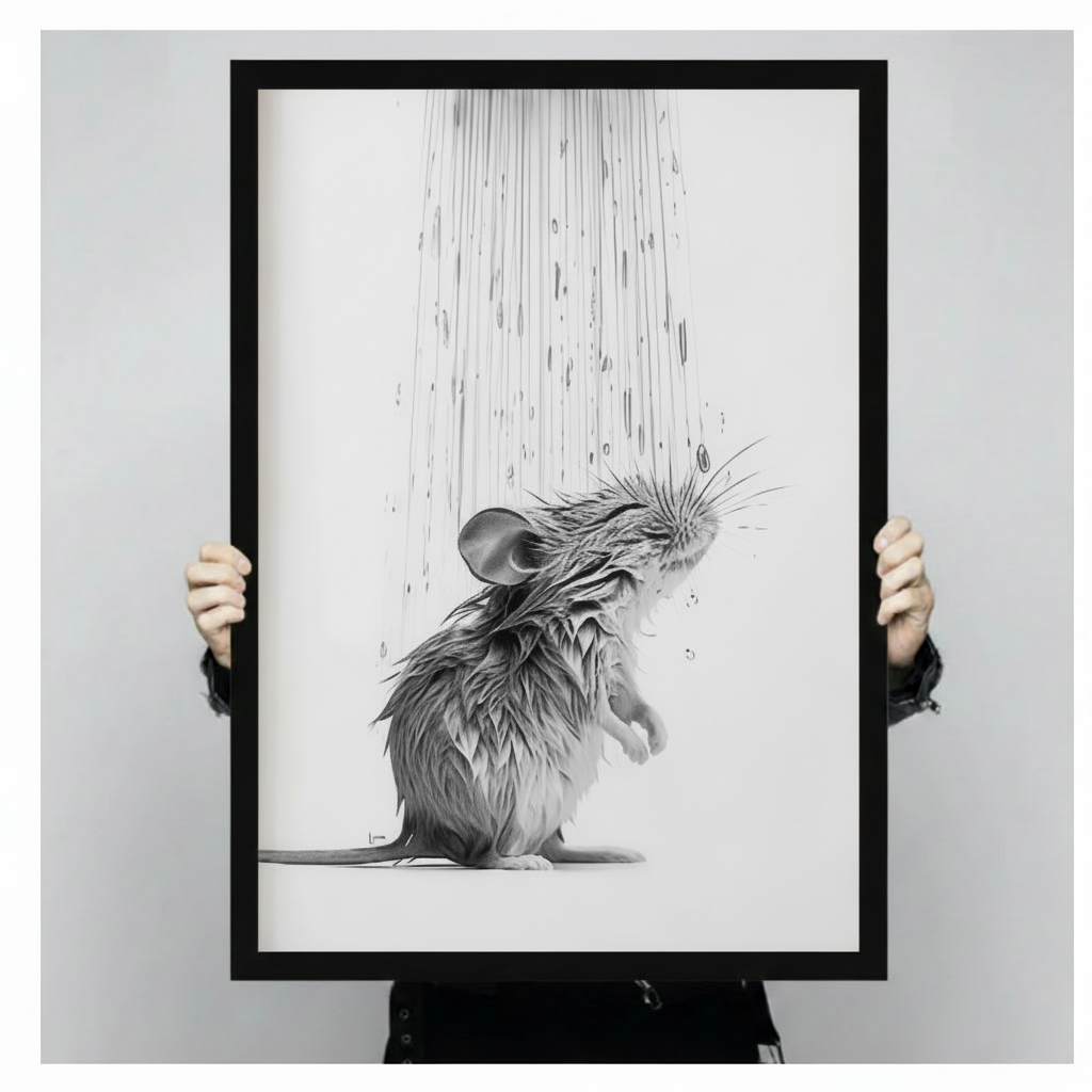 Wet Mouse Shower Pencil Sketch Canvas Art w6617