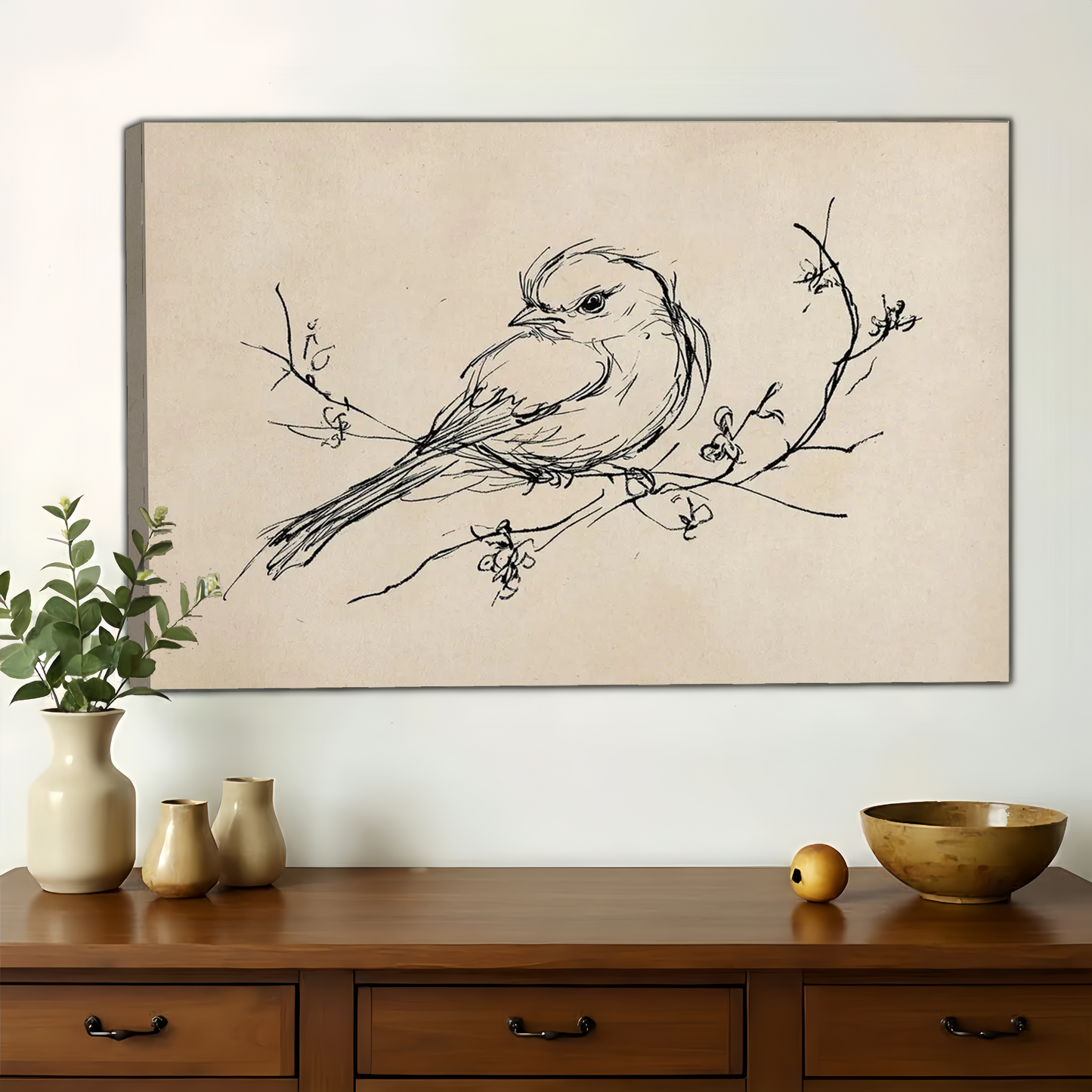Bird on Branch Sketch Wall Art – Minimalist Nature Canvas| W1460