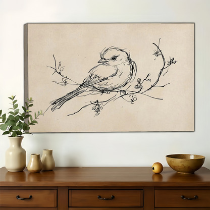 Bird on Branch Sketch Wall Art – Minimalist Nature Canvas| W1460