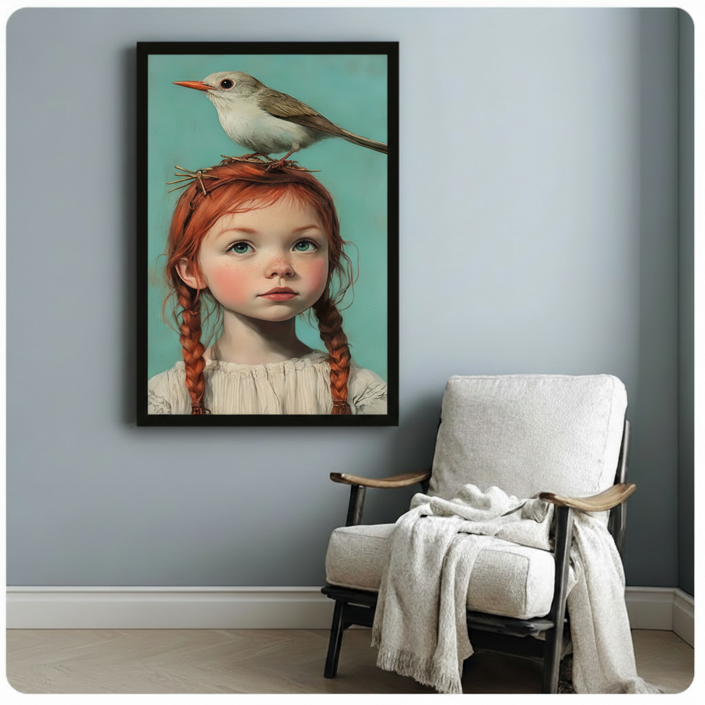 Realist portrait canvas wall art – girl with bird illustration perfect for cottage or farmhouse home
