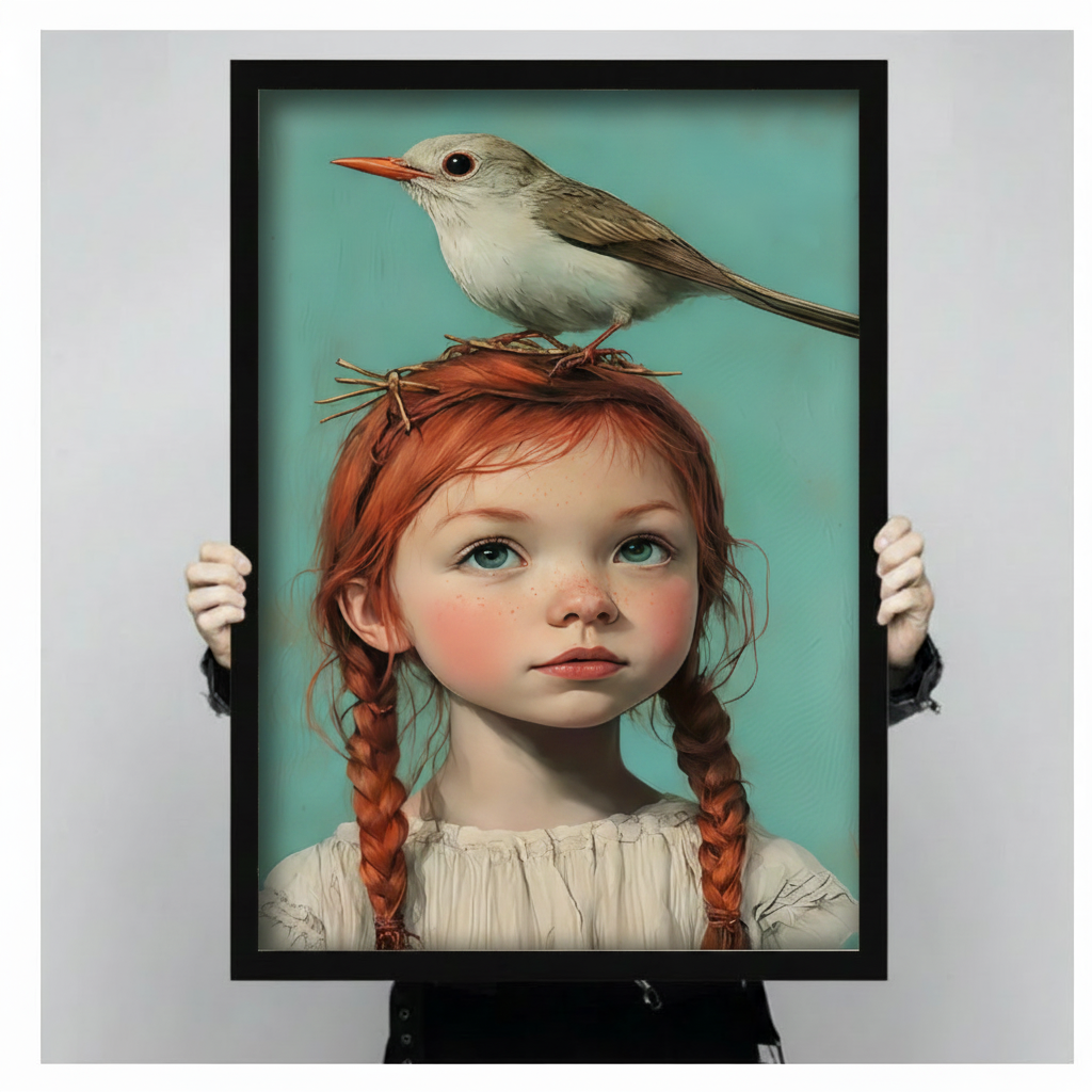 Fine art girl and bird canvas print – meaningful gift for baby shower, Mother's Day or housewarming