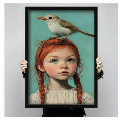 Fine art girl and bird canvas print – meaningful gift for baby shower, Mother's Day or housewarming