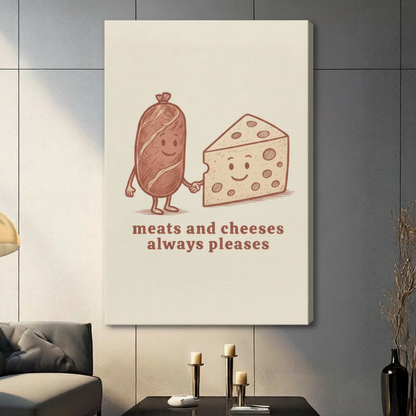 Meats and Cheeses Always Pleases framed canvas wall art — funny retro sausage cheese illustration print for kitchen decor