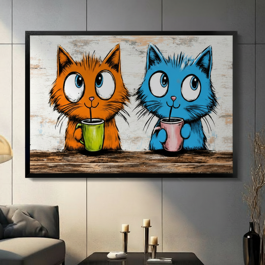 Two Cats Morning Coffee Horizontal Canvas Wall Art