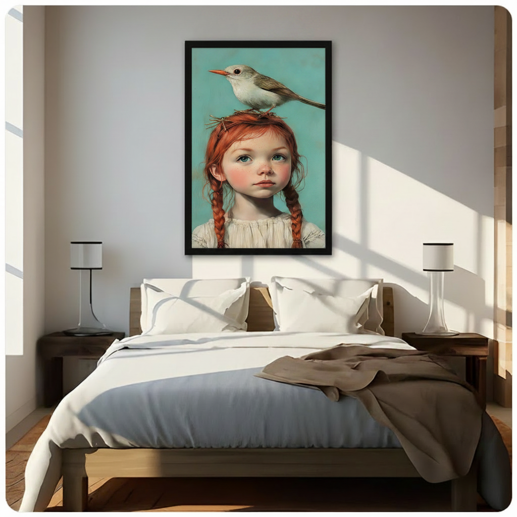 Portrait canvas wall art – red-haired girl with bird stretched