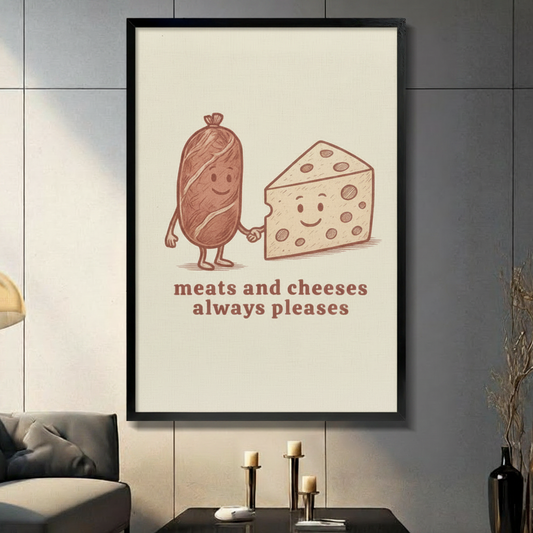 Meats and Cheeses Always Pleases framed canvas wall art — funny retro sausage cheese illustration print for kitchen decor