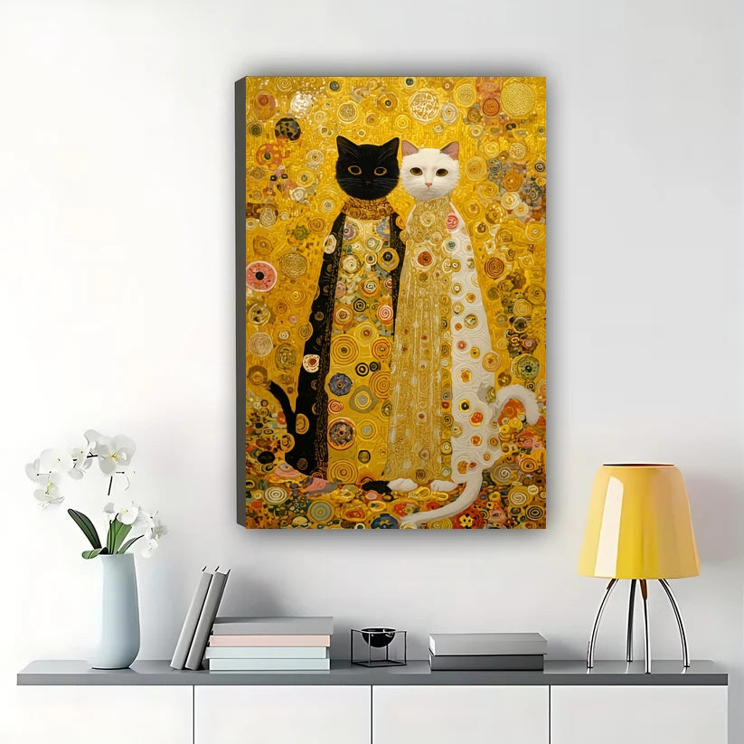 Klimt-Style Black & White Cats – Artistic Parody Wall Art on Natural Wood Canvas | W835